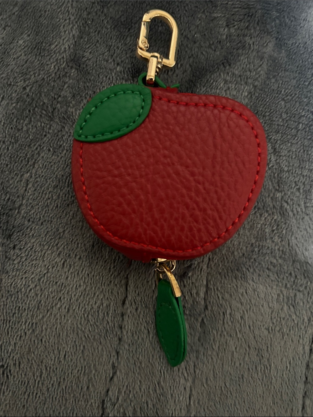 Red Apple Leather Keychain Coin Purse with Green Leaf Accent